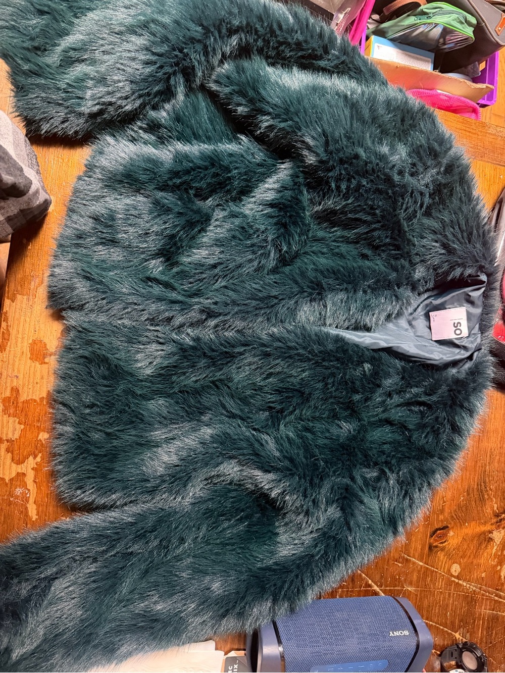 Dark Teal Faux Fur Coat -